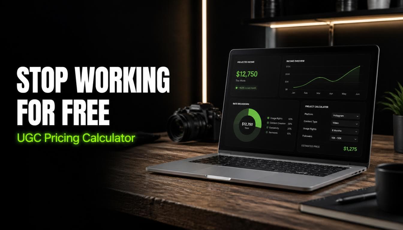 Stop working for free UGC creator pricing calculator tool displayed in a premium minimalist dark workspace.