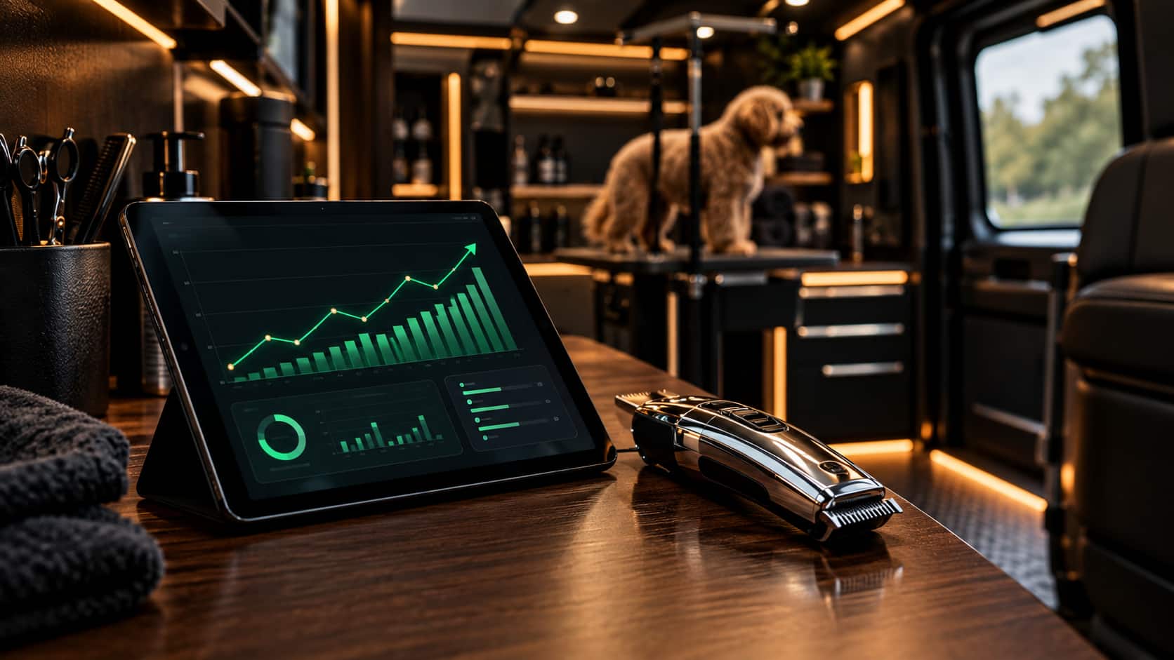 A modern mobile dog groomer profit calculator showing drive time and matted coat fees.