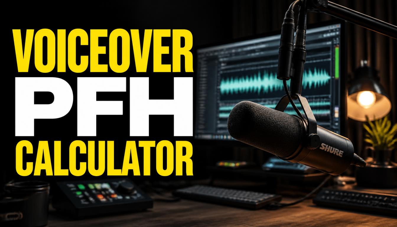 Voiceover PFH calculator tool interface shown on a modern studio desk with a professional microphone and audio editing software.